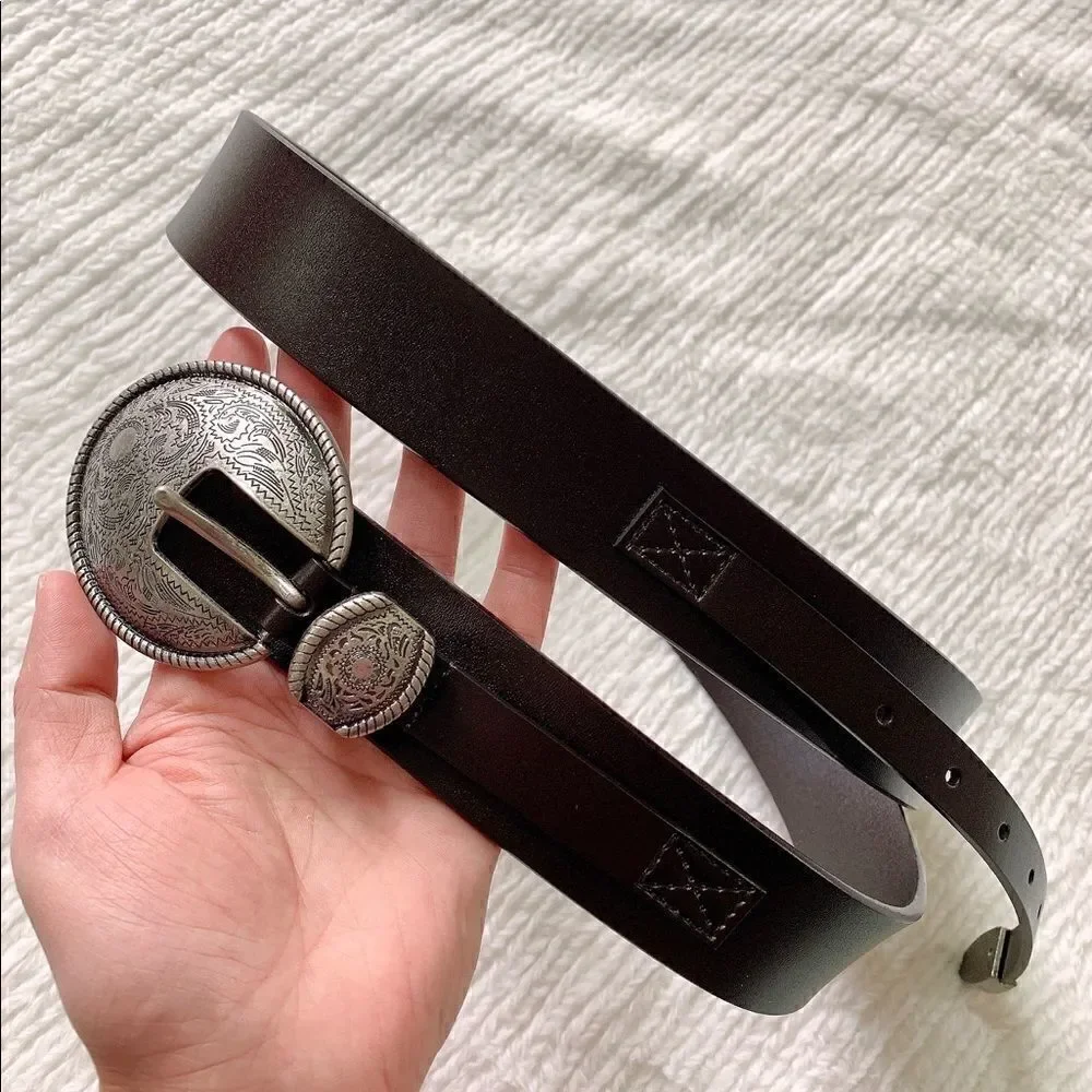Vintage Style Genuine leather Belt with Floral Engraved Pattern Buckle